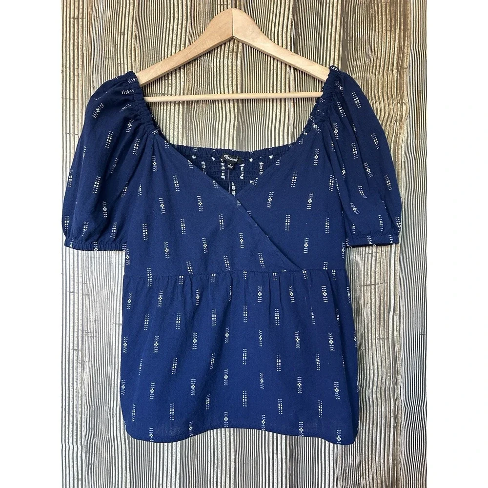Madewell Womens Jacquard Puff Sleeve Babydoll Top Navy Embroidered Sz S NF205